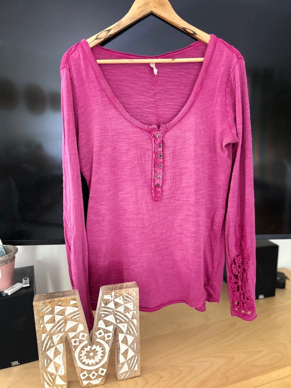 Free People Pink Peony Crochet Cuff Henley Top XL